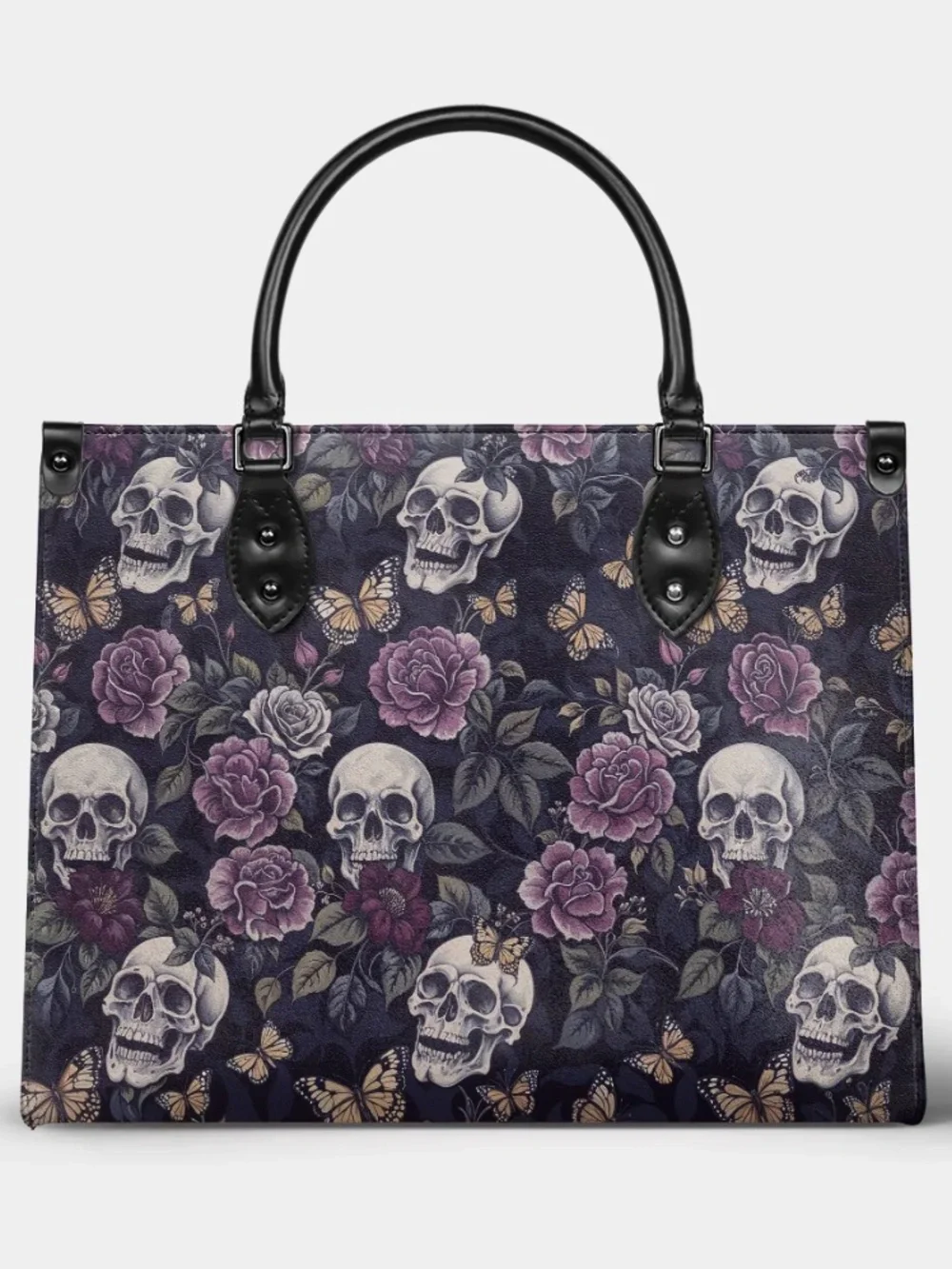 Gothic Skull & Rose Purple Tote Bag with Black Handles
